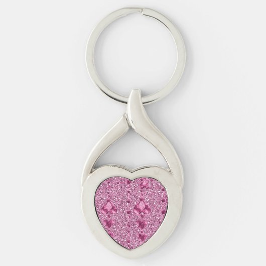 Roze Faux Glitter & Heart Droplets Sleutelhanger (Voorkant)