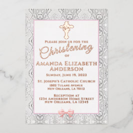 Roze faux Lace Baptism/Christening Folie Uitnodiging