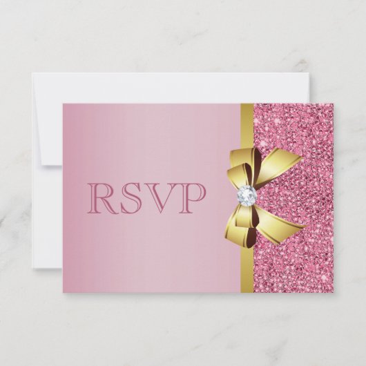 Roze Faux Sequins Gold Bow & Diamond RSVP (Voorkant)