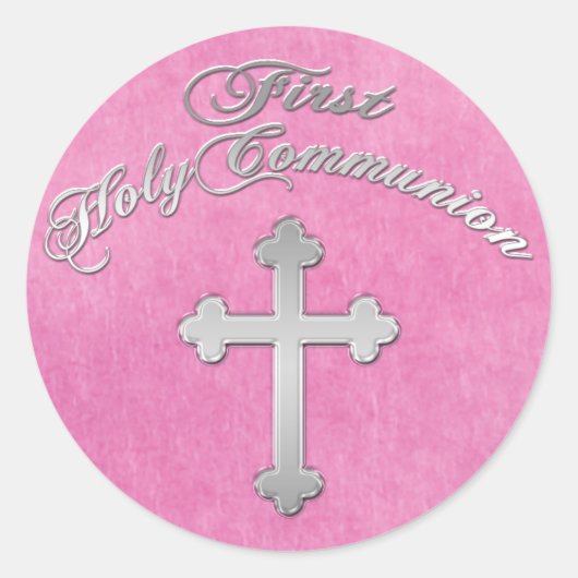 Roze, Faux Zilveren Kruis 1e Heilige Communie Stic Ronde Sticker (Voorkant)