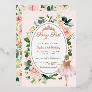 Roze Fee Eerste 1e Verjaardag Rose Goud  Folie Uitnodiging