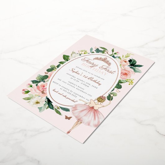 Roze Fee Eerste 1e Verjaardag Rose Goud Folie Uitnodiging (Gedraaid)