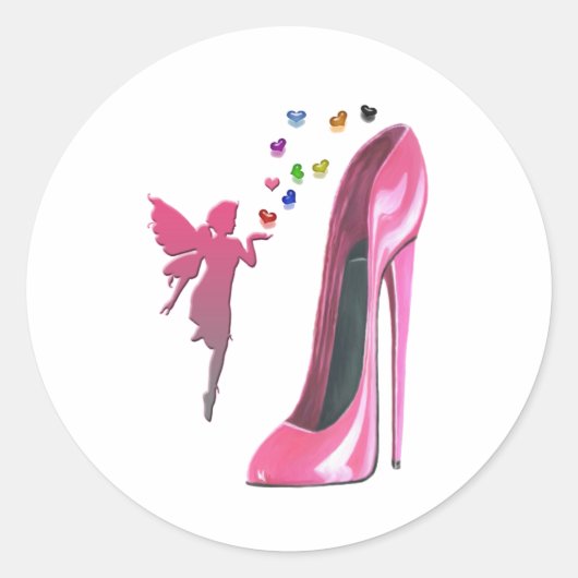 Roze Fee en Stiletto Schoenkunst Ronde Sticker (Voorkant)