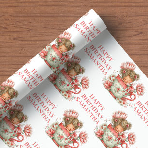 Roze Fee Meisje Whimsical Bloemige Verjaardagsverp Cadeaupapier