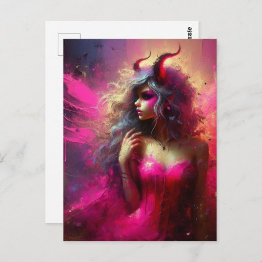 Roze fee met hoorns Fantasy Art Briefkaart (Voorkant / Achterkant)