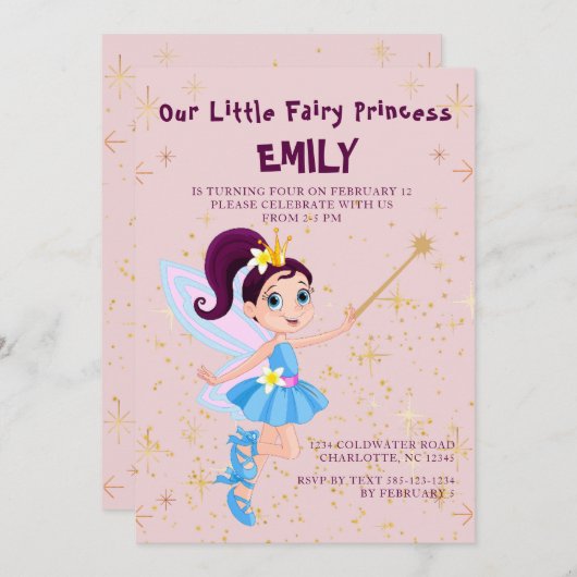 Roze Fee Prinses Verjaardag Uitnodiging (Voorkant / Achterkant)