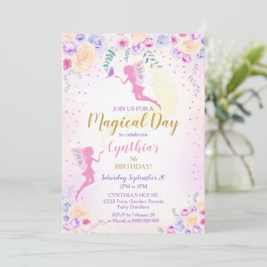 Roze Feeën Verjaardagsuitnodiging Feeën Tuin Kaart (Staand voorkant)