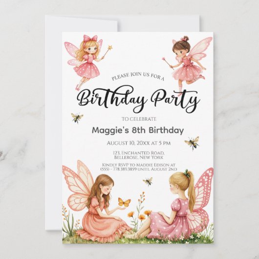 Roze feeën Woodland 8e verjaardagsfeest Kaart (Voorkant)