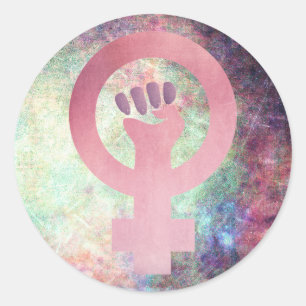 Roze Feministisch Symbool op Multi-color Grunge Te Ronde Sticker