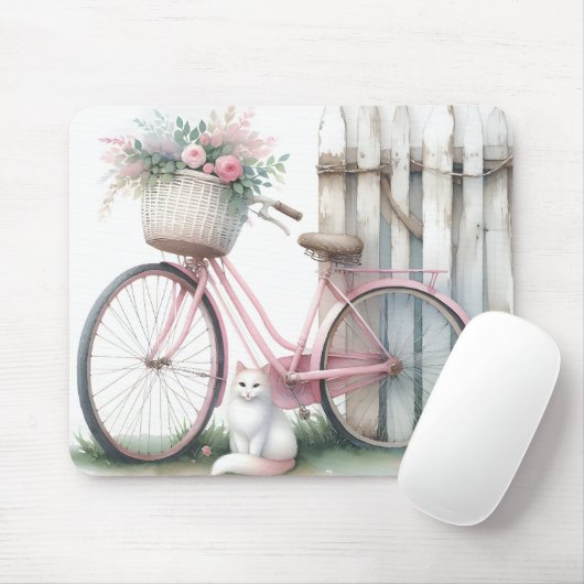 Roze fiets en witte kat muismat (Met muis)