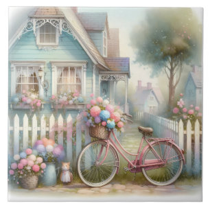 Roze fiets met bloemen bij het hek van het blauwe tegeltje