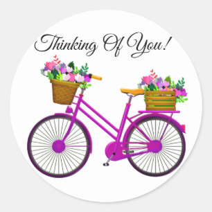Roze fiets met mand bloemen ronde sticker