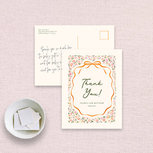 Roze fijne bloemen en oranje strik bedankt briefkaart
