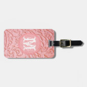 Roze filigraan houtsnijwerk monogram Bagagelabel (Voorkant horizontaal)