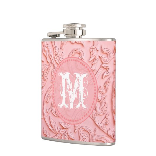 Roze filigraan houtsnijwerk Monogram Whiskey Flask Heupfles (Links)