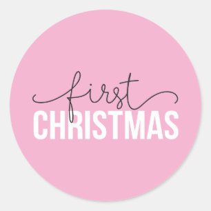 Roze "First Christmas" Modern Design - Nieuwe oude Ronde Sticker