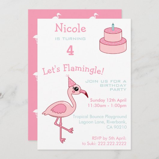 Roze Flamingo 4e verjaardag Uitnodiging (Voorkant / Achterkant)