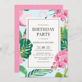Roze Flamingo and Orchids Tropical Birthday Party Kaart (Voorkant / Achterkant)