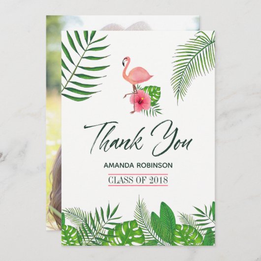 Roze Flamingo Aquarel Luau Afstudeer Dank Je Aankondiging (Voorkant / Achterkant)