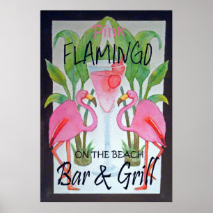 Roze Flamingo Bar & grill Beach Poster Waterverf