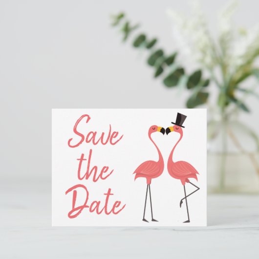 Roze Flamingo Bewaar de datum Verloving bruiloft Aankondigingskaart (Staand voorkant)