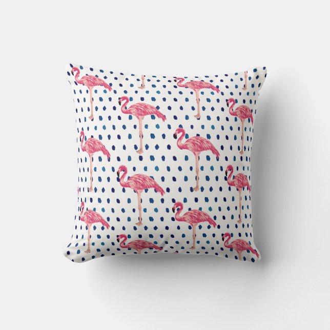 Roze Flamingo Bird Blue Dot Pattern Sierkussen (Voorkant)