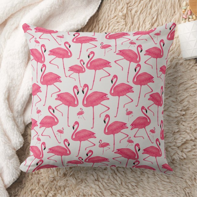 Roze Flamingo Bird Waterverf op lichtgrijs ontwerp Kussen (Deken)