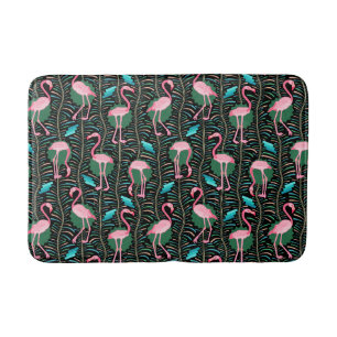 Roze Flamingo Birds 20s Deco Ferns Pattern Black Badmat