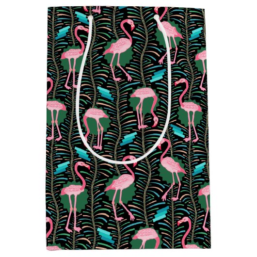 Roze Flamingo Birds 20s Deco Pattern Ferns Black Medium Cadeauzakje (Voorkant)