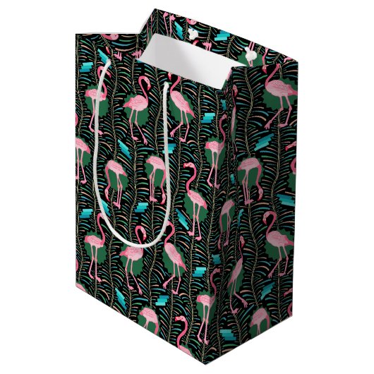 Roze Flamingo Birds 20s Deco Pattern Ferns Black Medium Cadeauzakje (Achterkant Gekanteld)
