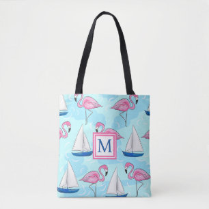 Roze Flamingo Blauw Zeilboot Preppy Monogram Draagtas