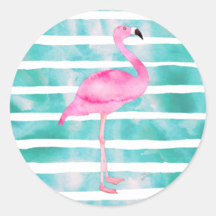 Roze Flamingo Blauwgroen Blauwe Stripes Modern Ronde Sticker