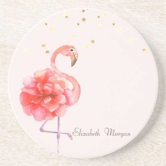 Roze Flamingo Bloem, Gouden Confetti Zandsteen Onderzetter (Voorkant)