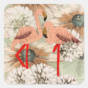 Roze Flamingo Bloemen Tropische Bladeren Glitter Vierkante Sticker