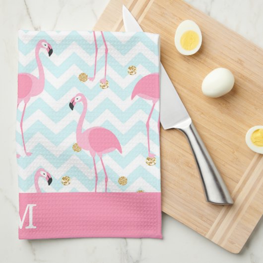 Roze Flamingo Blue Chevron Stripe Monogram Theedoek (Quarter Fold)
