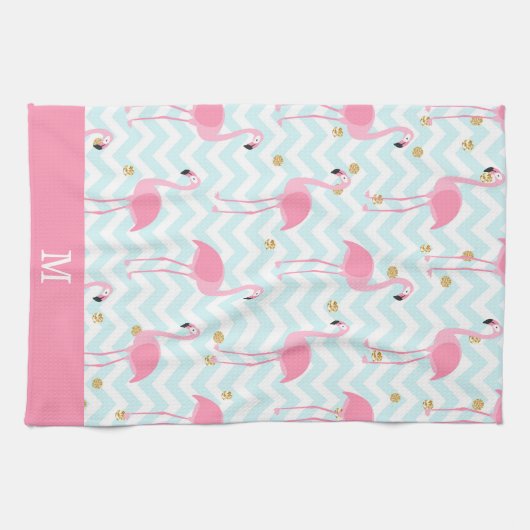 Roze Flamingo Blue Chevron Stripe Monogram Theedoek (Horizontaal)