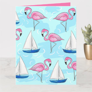 Roze Flamingo Blue Sailboat Preppy Kaart