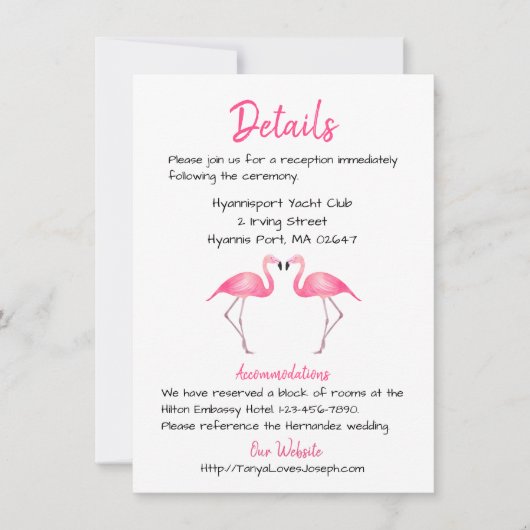 Roze Flamingo Bruiloft Details Tropische Zomer Lua Kaart (Voorkant)