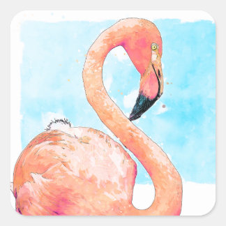 Roze Flamingo en Blauwe Aquarel Sticker Zegel