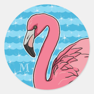 Roze Flamingo en blauwe golven, voeg Monogram toe Ronde Sticker