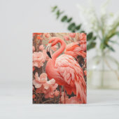 Roze Flamingo en Bloemen Briefkaart (Staand voorkant)