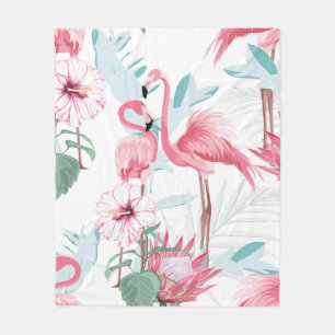 Roze flamingo en exotische bloemen, palmbladeren, fleece deken