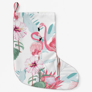 Roze flamingo en exotische bloemen, palmbladeren,  kleine kerstsok