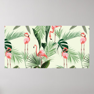 Roze flamingo en exotische bloemen, palmbladeren.  poster