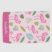 Roze flamingo en gepersonaliseerde tropische blade golfhanddoek (Horizontaal)