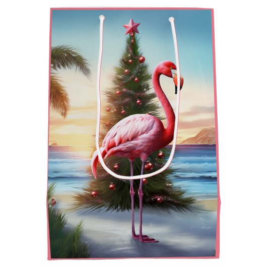 Roze Flamingo en Kerstboom Tropisch strand Medium Cadeauzakje (Achterkant)