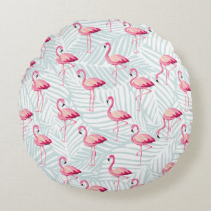 Roze flamingo en palmbladeren - Schattige Rond Kussen