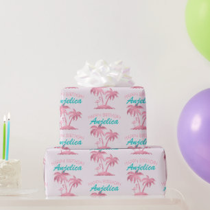 Roze Flamingo en Palmbomen Cadeaupapier