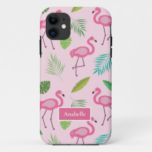 Roze flamingo en tropische bladeren Custom Name iPhone 11 Hoesje