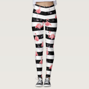 Roze flamingo en zwart-wit strempatroon leggings